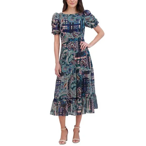 NWT Vince Camuto Mixed Print Puff Sleeve Tiered Maxi Dress Size 2 - Picture 1 of 6